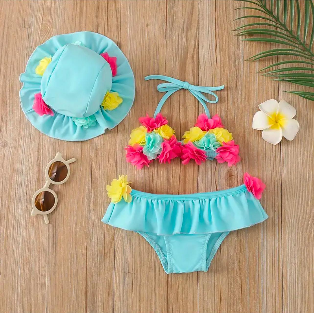 Girls Flower Applique Swimwear with Sun Hat