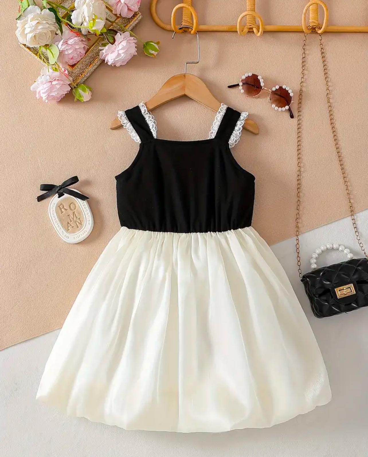 Girls Elegant Dress With Lace Straps and Ribbon Bows