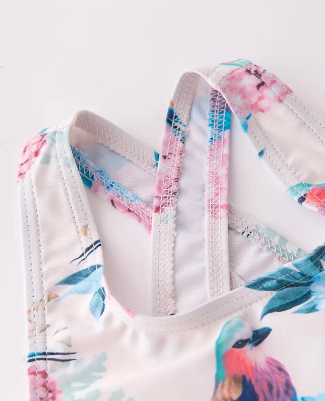 One-Piece Bird Print Swimwear with hat