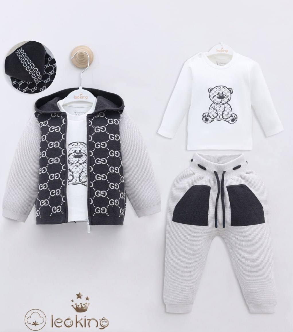 Baby Boy Bear Knit Dark Grey 3 Piece Set