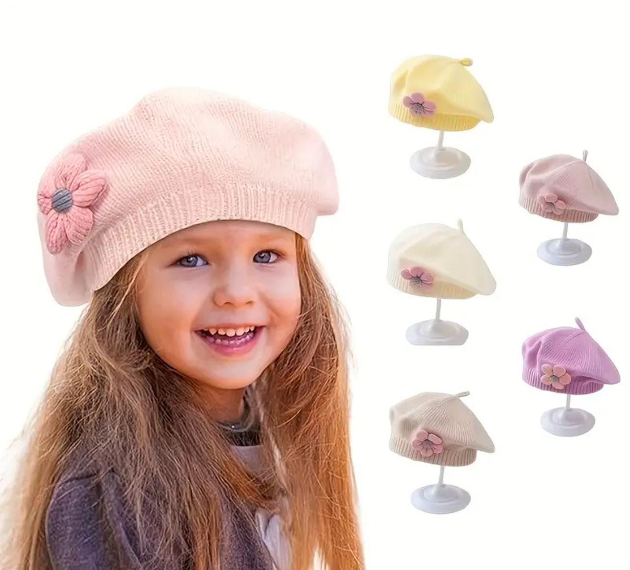 Pink Floral Knit Beret Hat