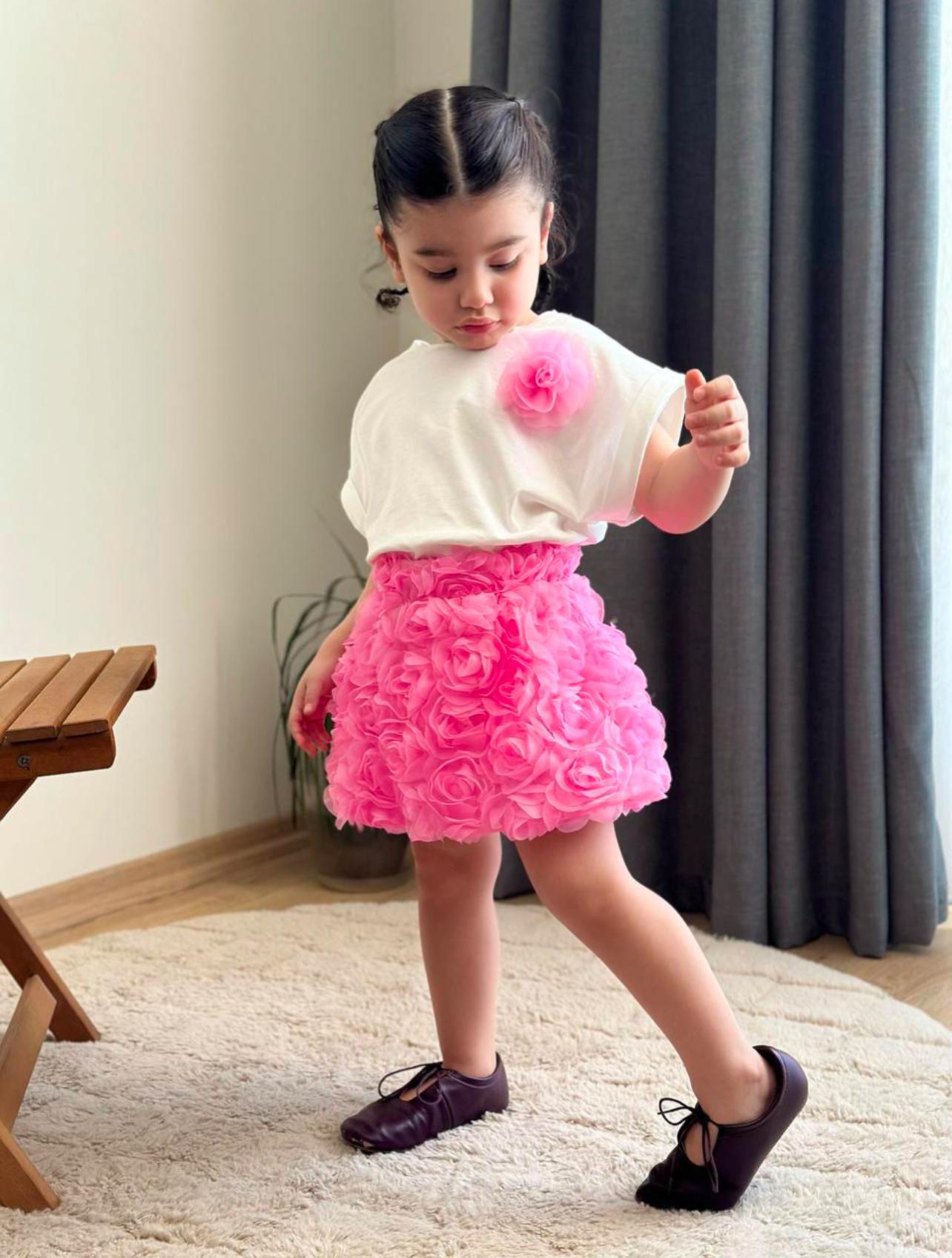 White Tshirt with Pink Flower and Pink Flower Skirt