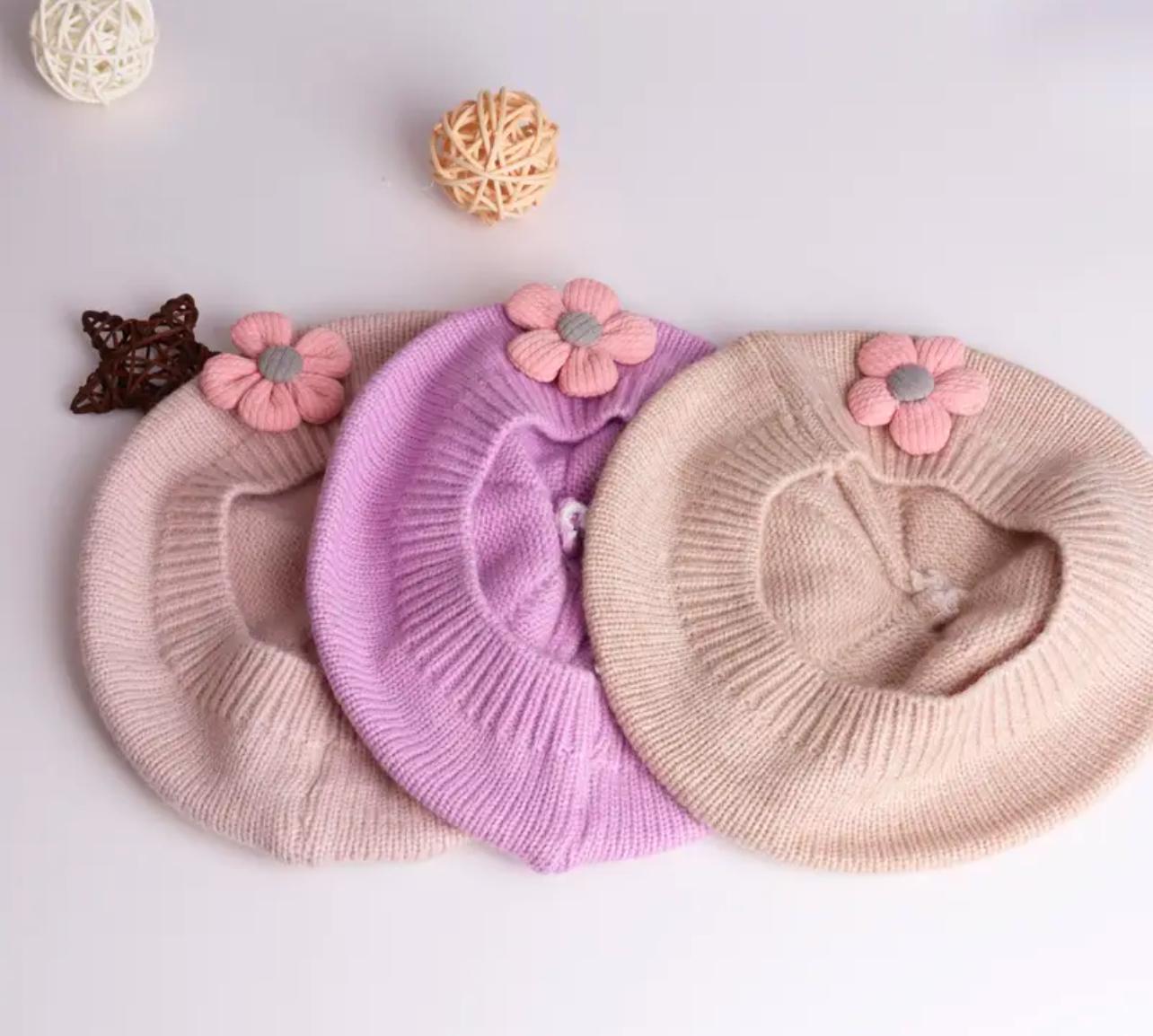 Purple Floral Knit Beret Hat