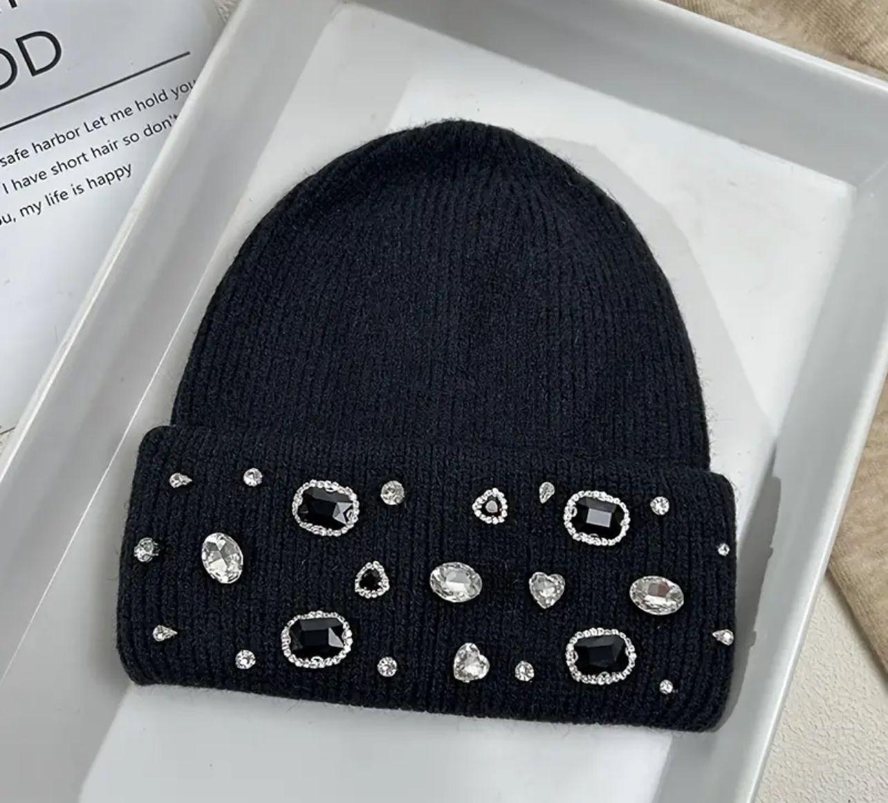 Chic Rhinestone Black Hat