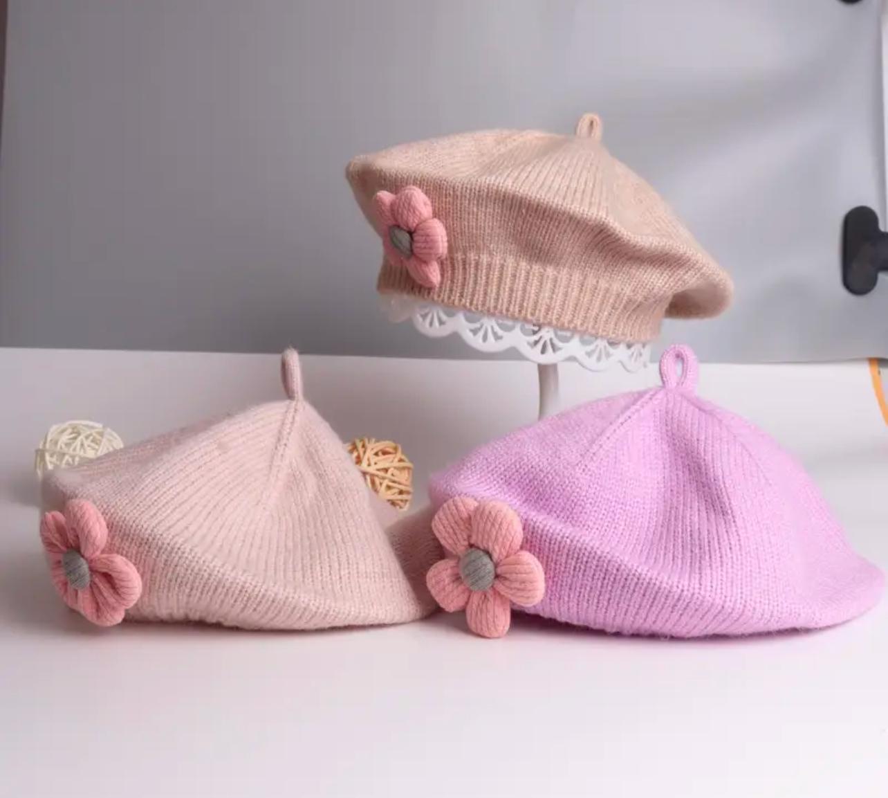 Purple Floral Knit Beret Hat