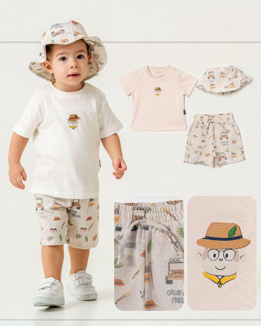 Beige Baby 3 Piece Set - Tshirt, Muslin Shorts, Hat