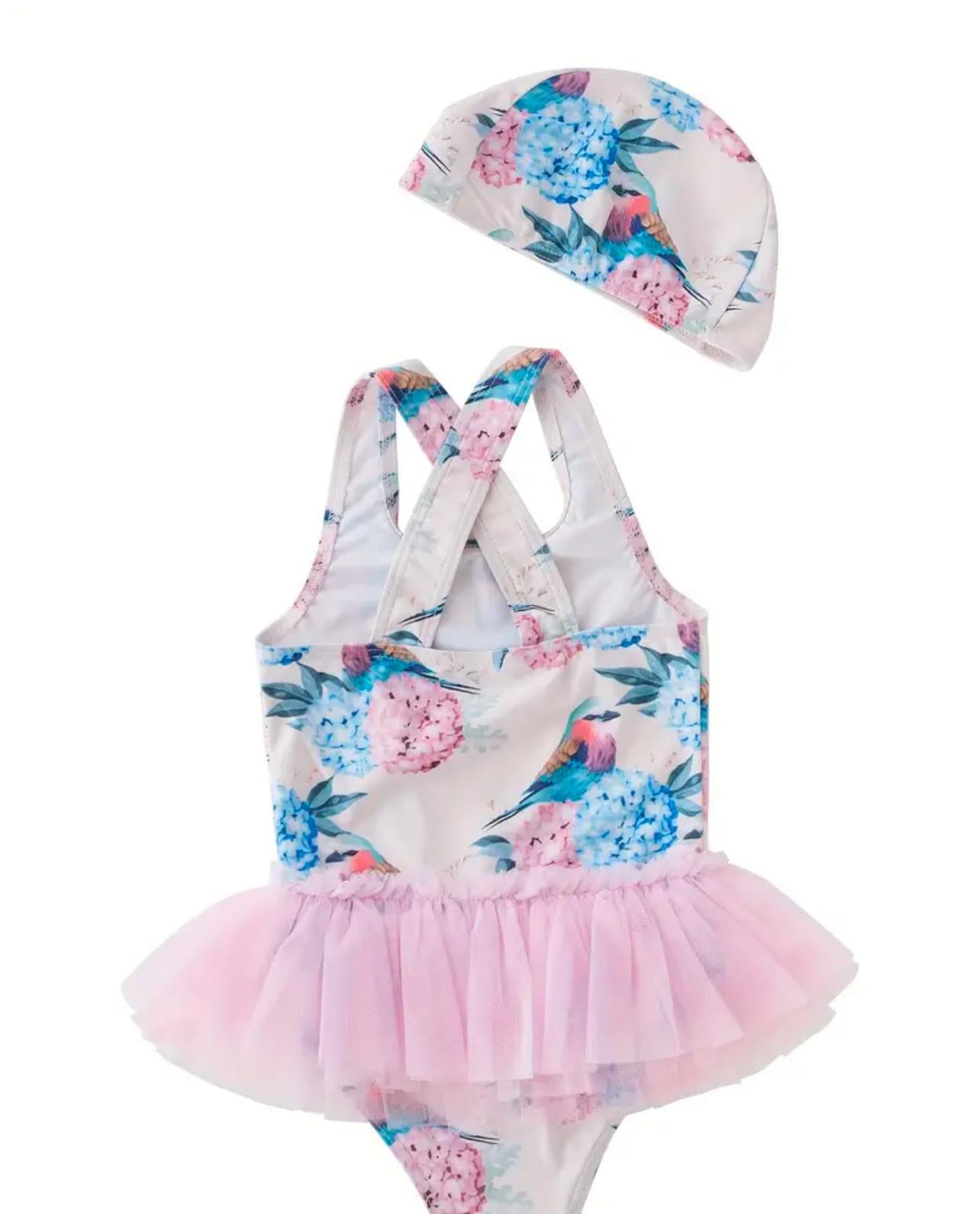 One-Piece Bird Print Swimwear with hat
