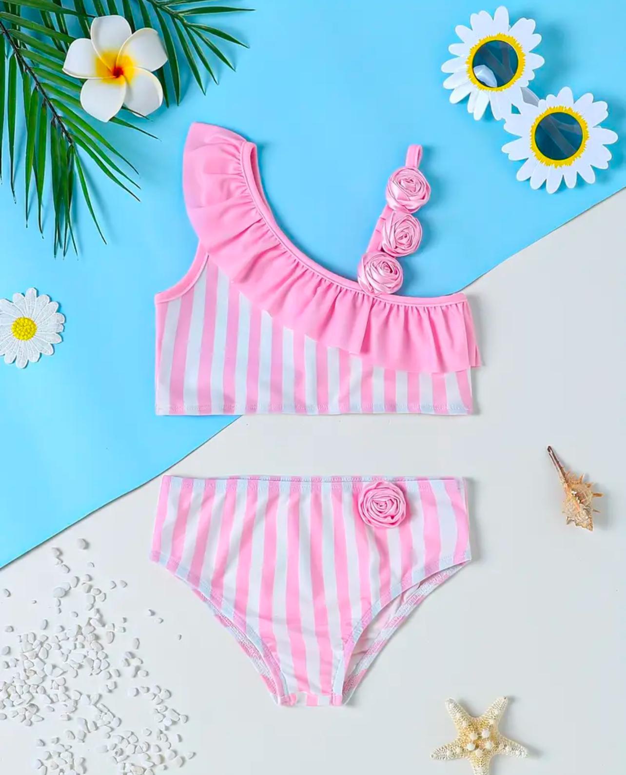 2 pcs Girls Striped Ruffle Swim