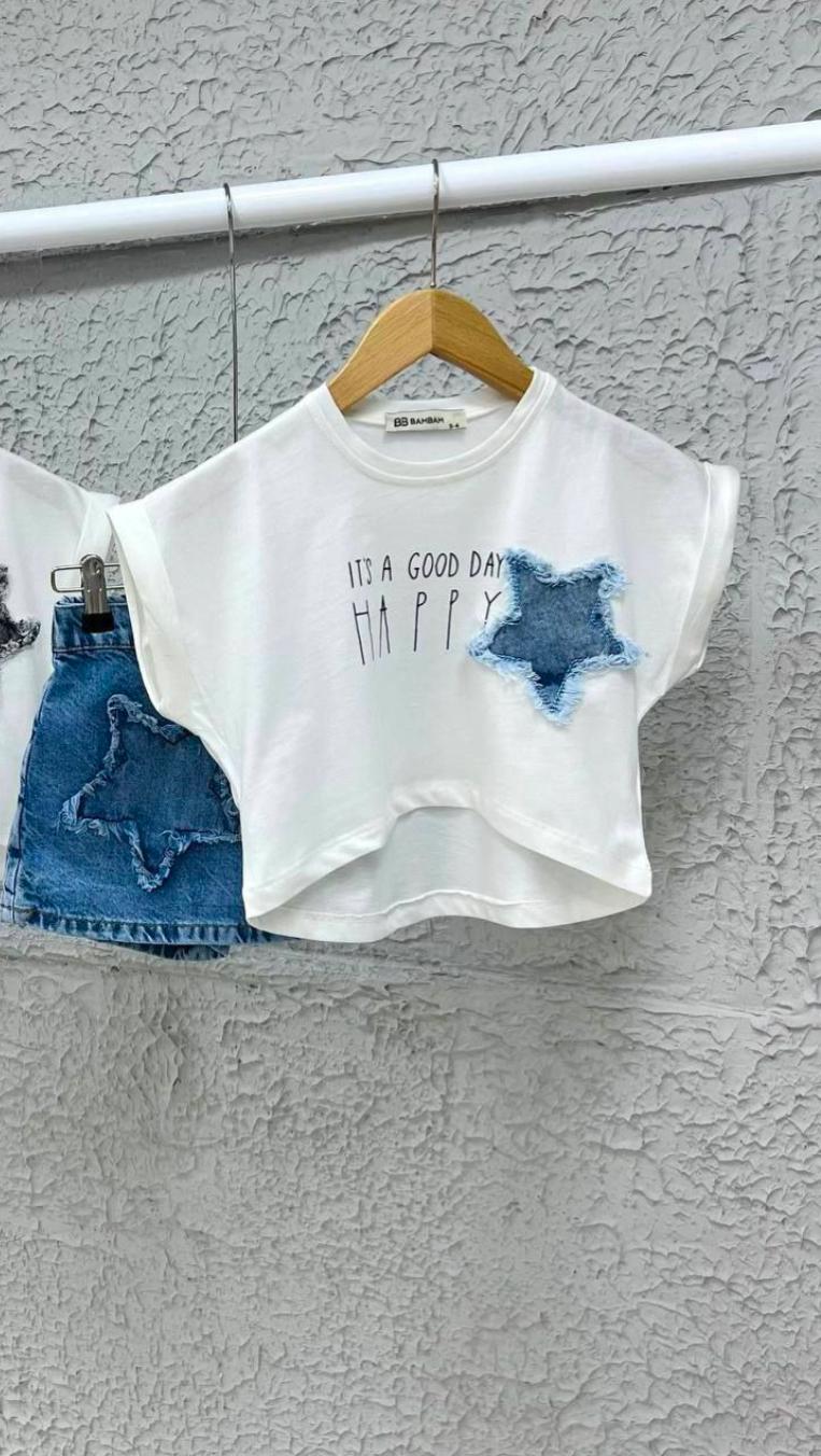 White Tshirt with Jean Star and Jeans Skort Set