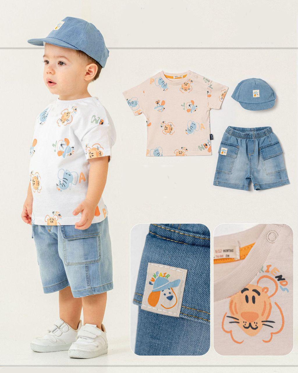 3 Piece Baby Boys White Animal Tshirt, Shorts, Hat