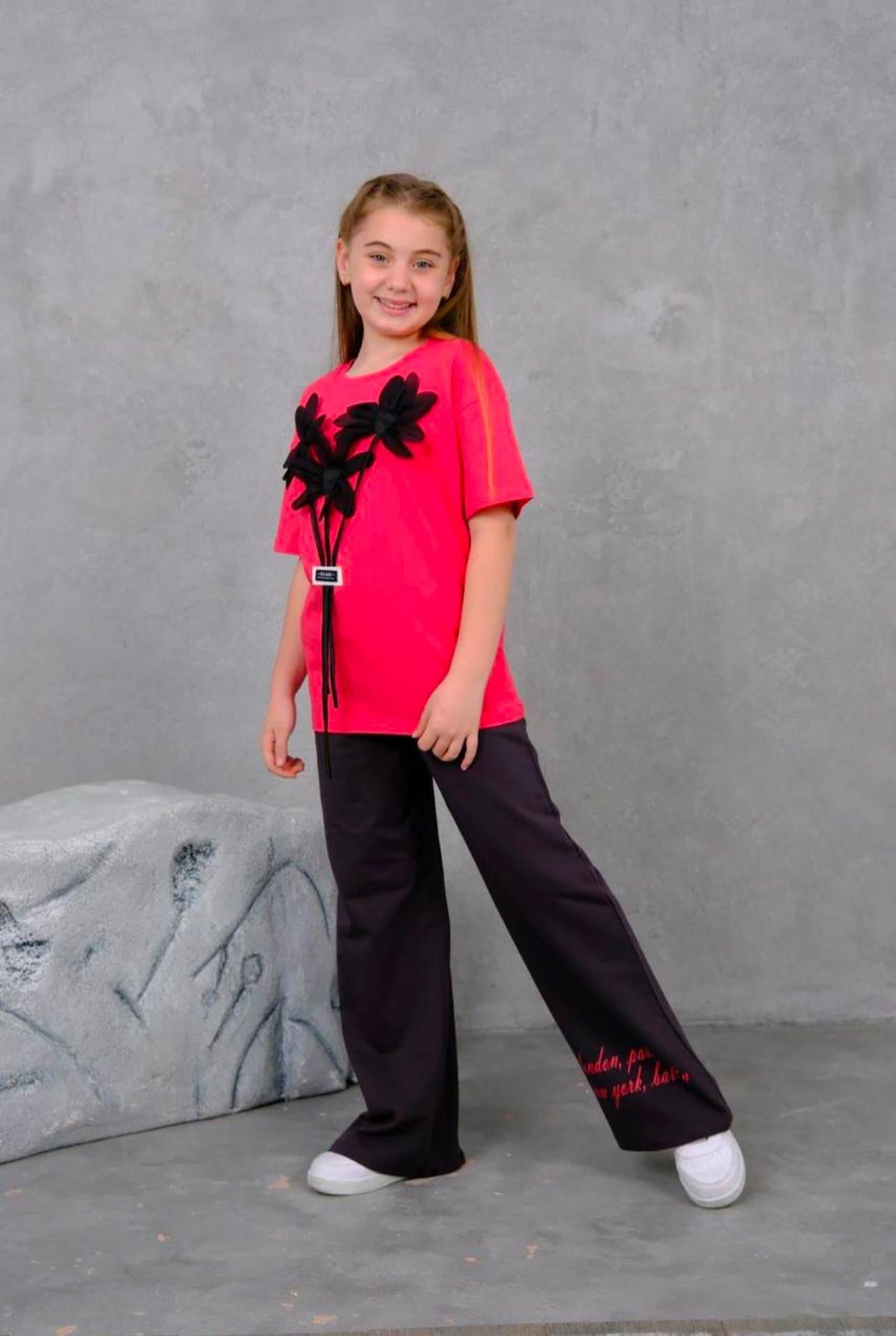 Girls Red Tshirt with 3D Flower and Dark Grey Pants Set