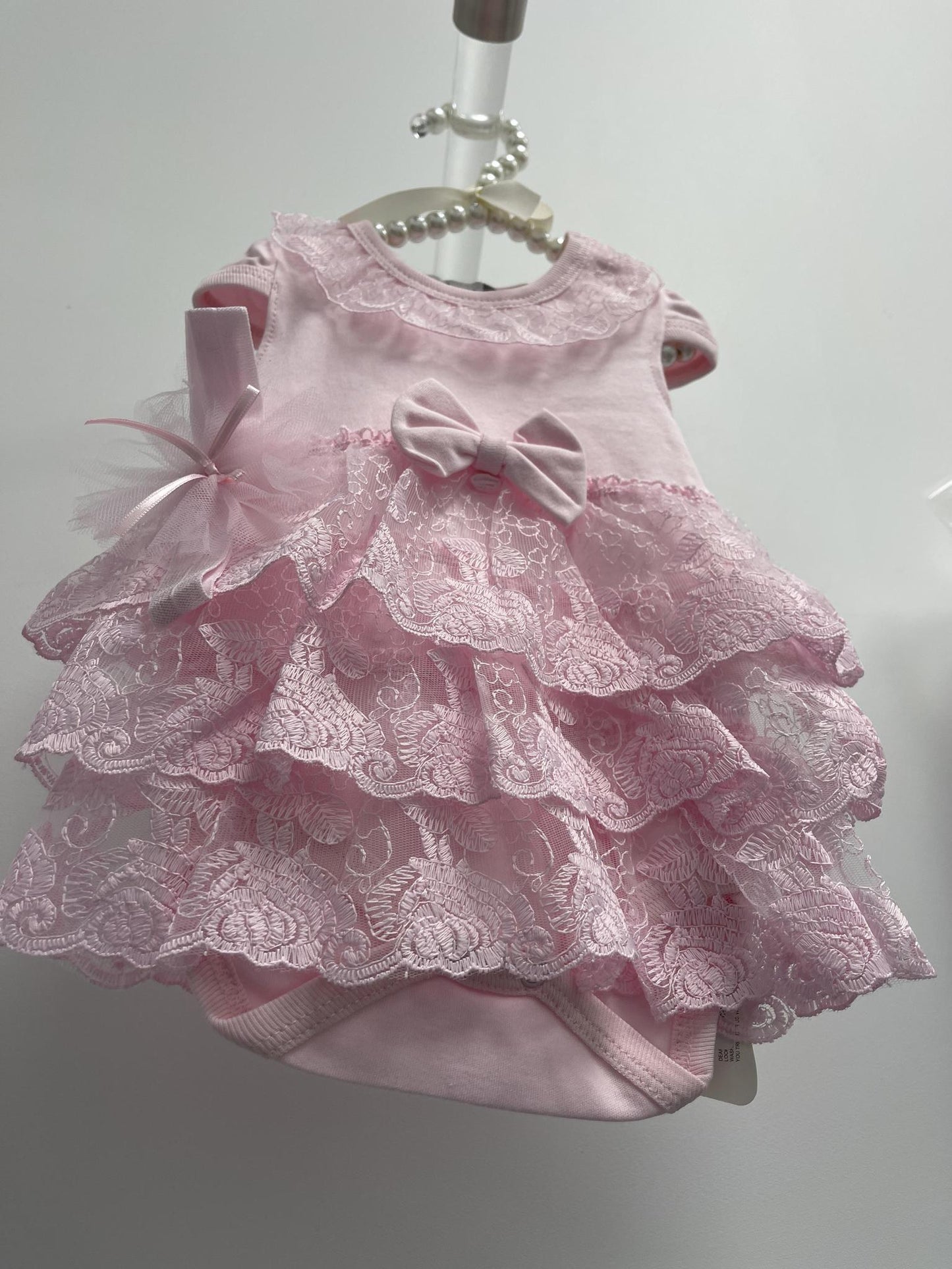 Baby Girls Pink Short Sleeve Onesie with Lace and Headband