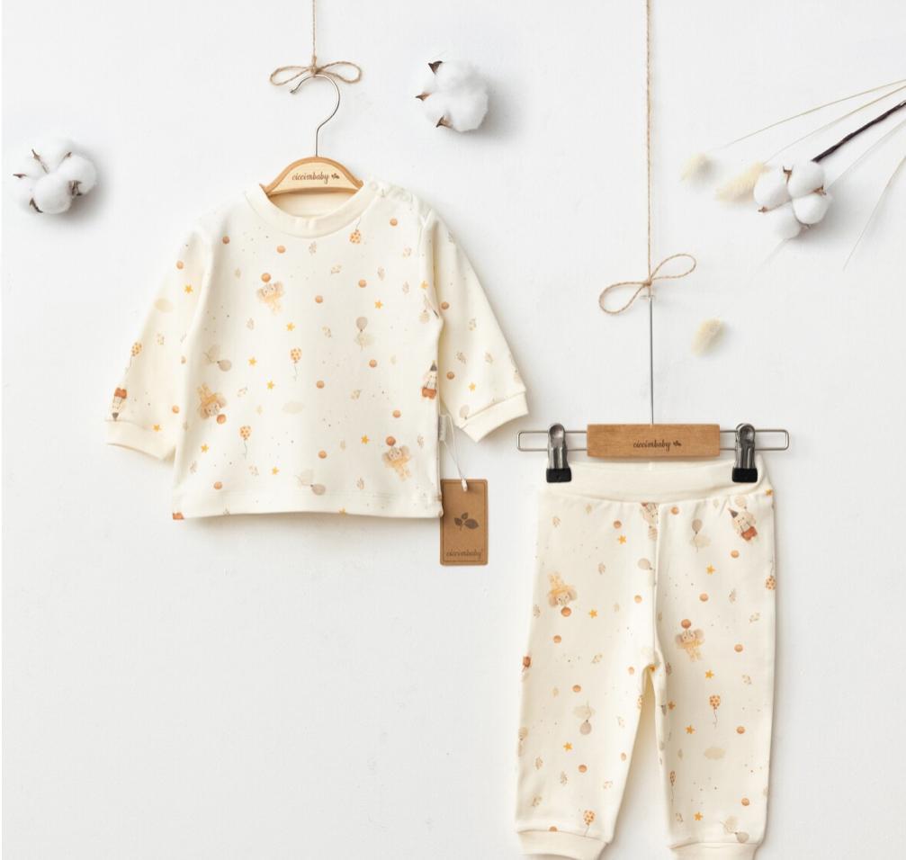 Beige 2 Piece Elephant Pajama Set