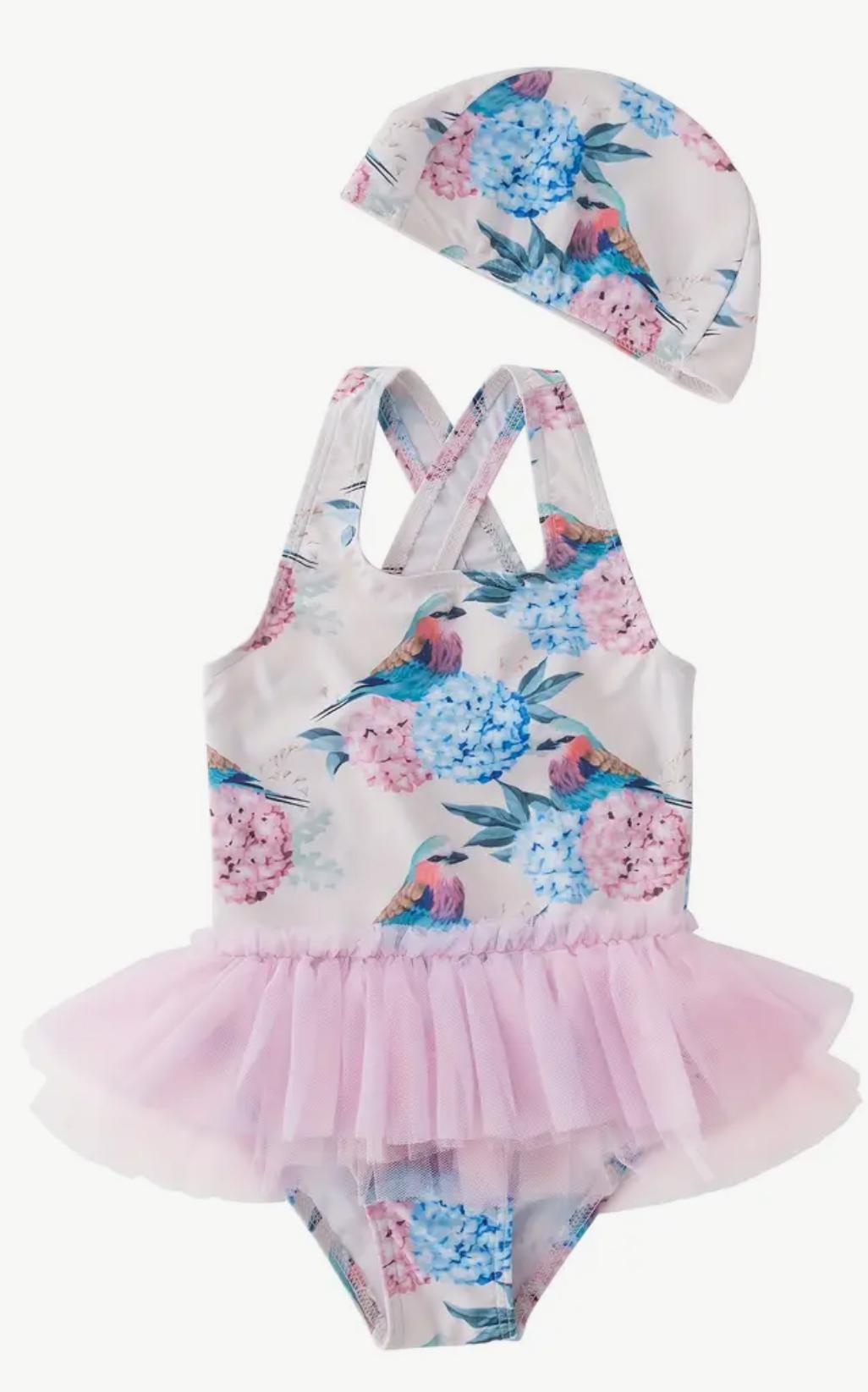 One-Piece Bird Print Swimwear with hat
