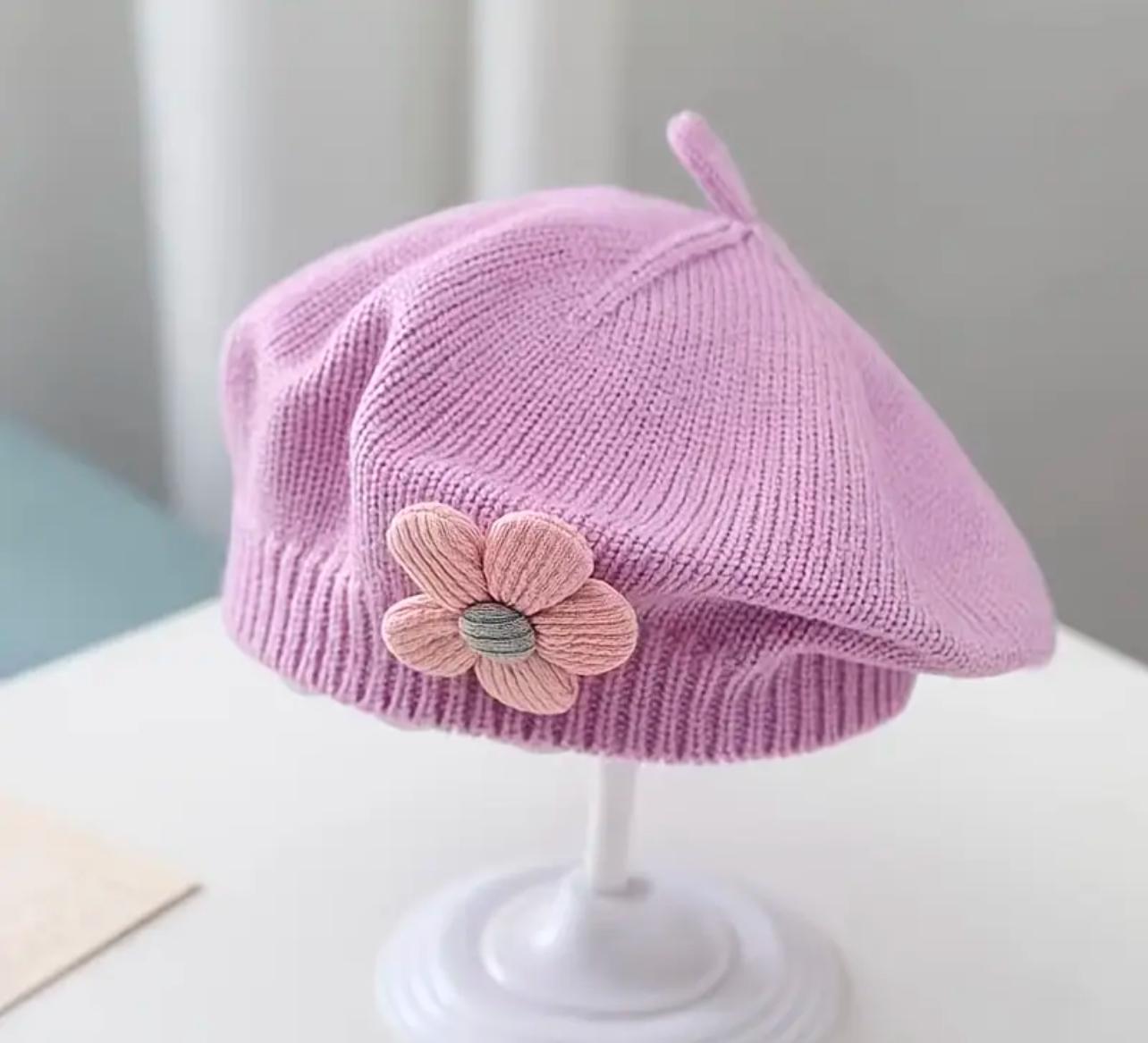 Purple Floral Knit Beret Hat