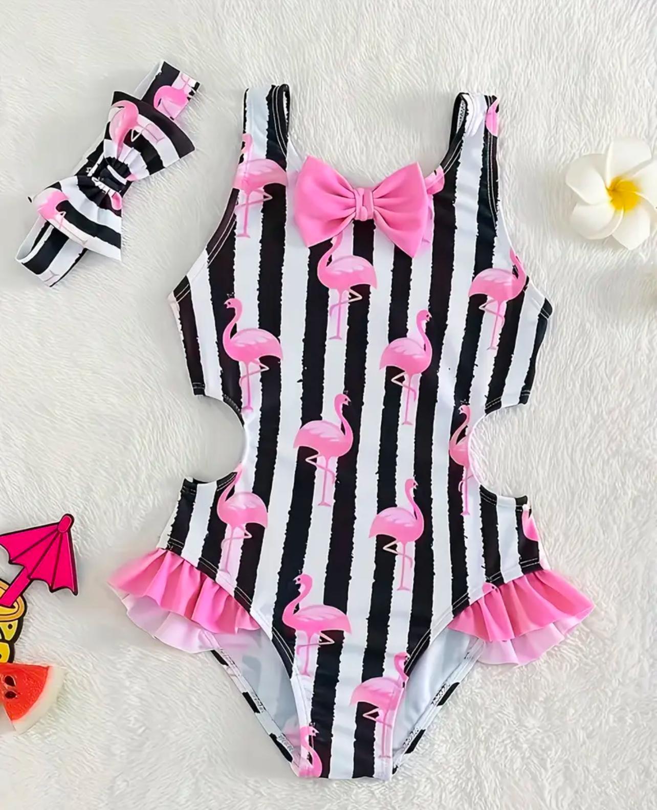 Flamingo Black Stripe One-Piece Swimsuit with Headband