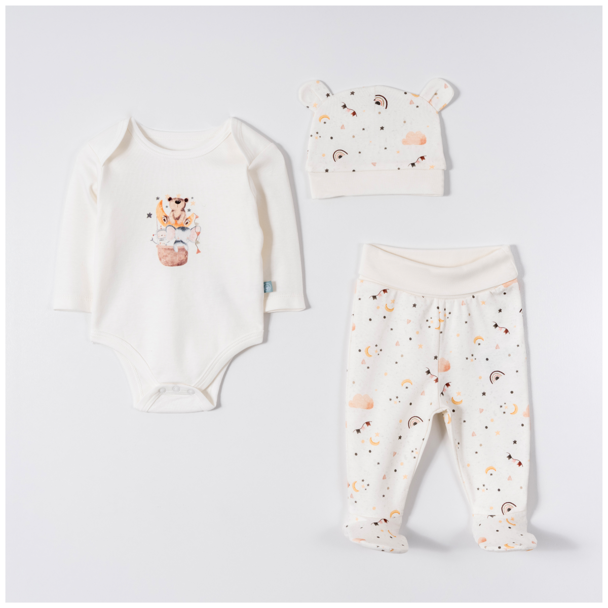 Unisex Baby 3-piece bodysuit, pants, beanie set 0-6m