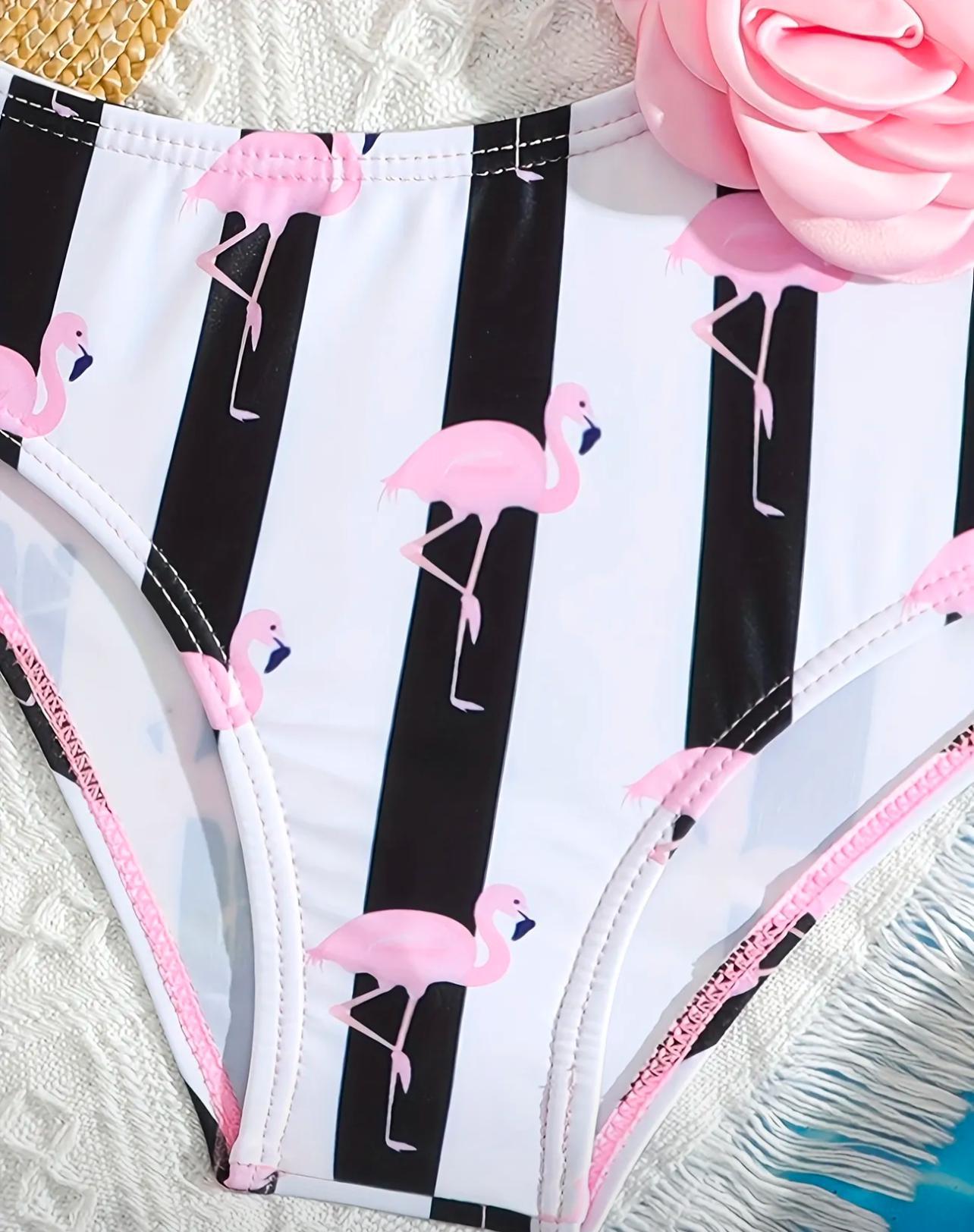 Girls One-Piece Swimsuit 3D Floral Design & Flamingo Print