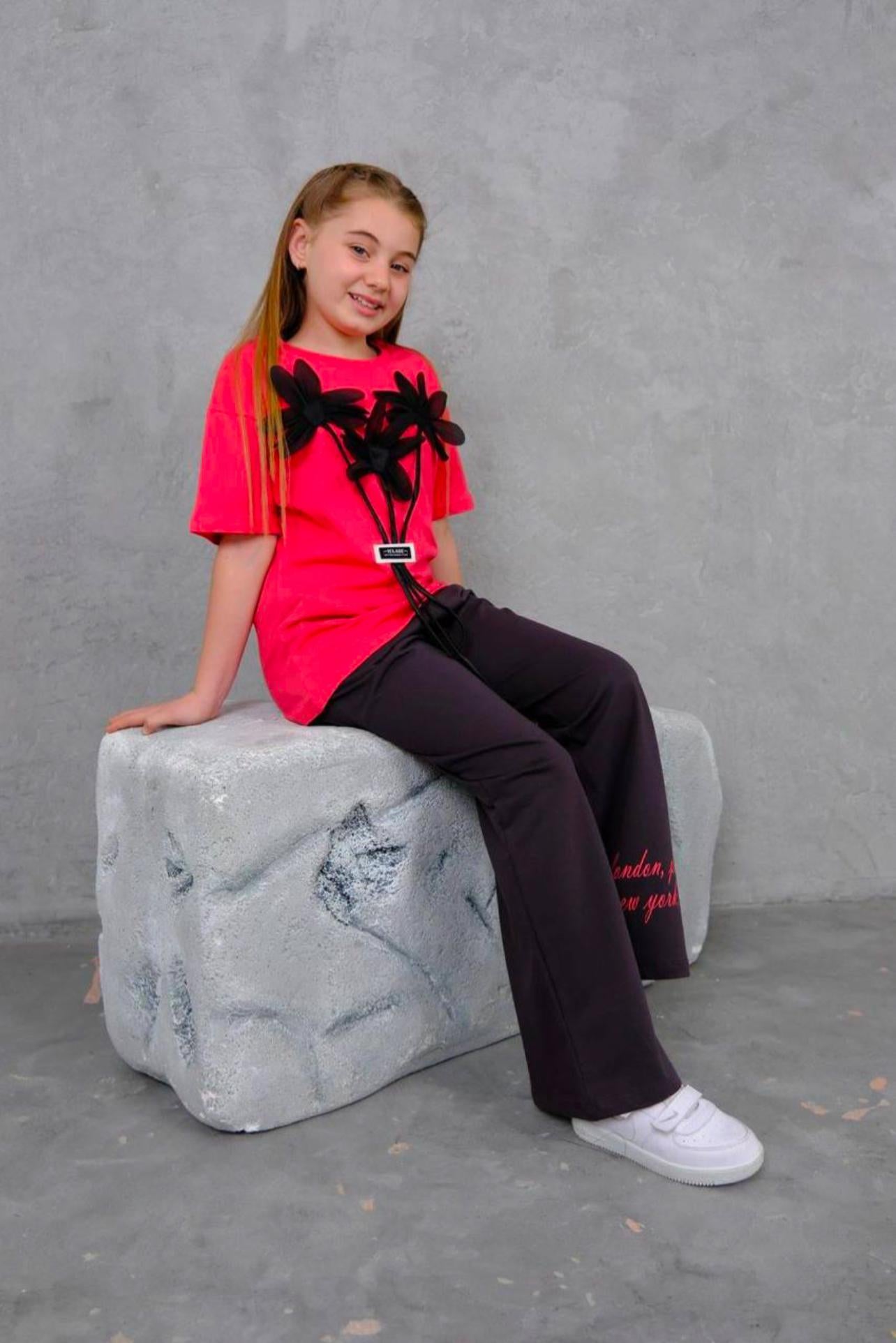 Girls Red Tshirt with 3D Flower and Dark Grey Pants Set