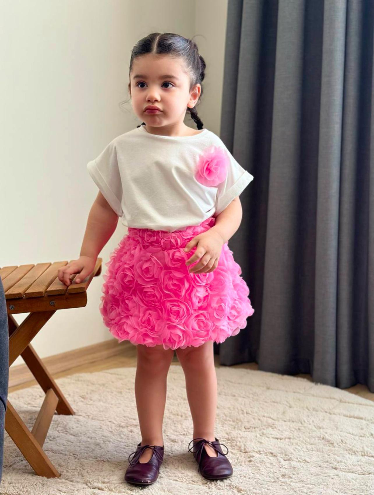 White Tshirt with Pink Flower and Pink Flower Skirt