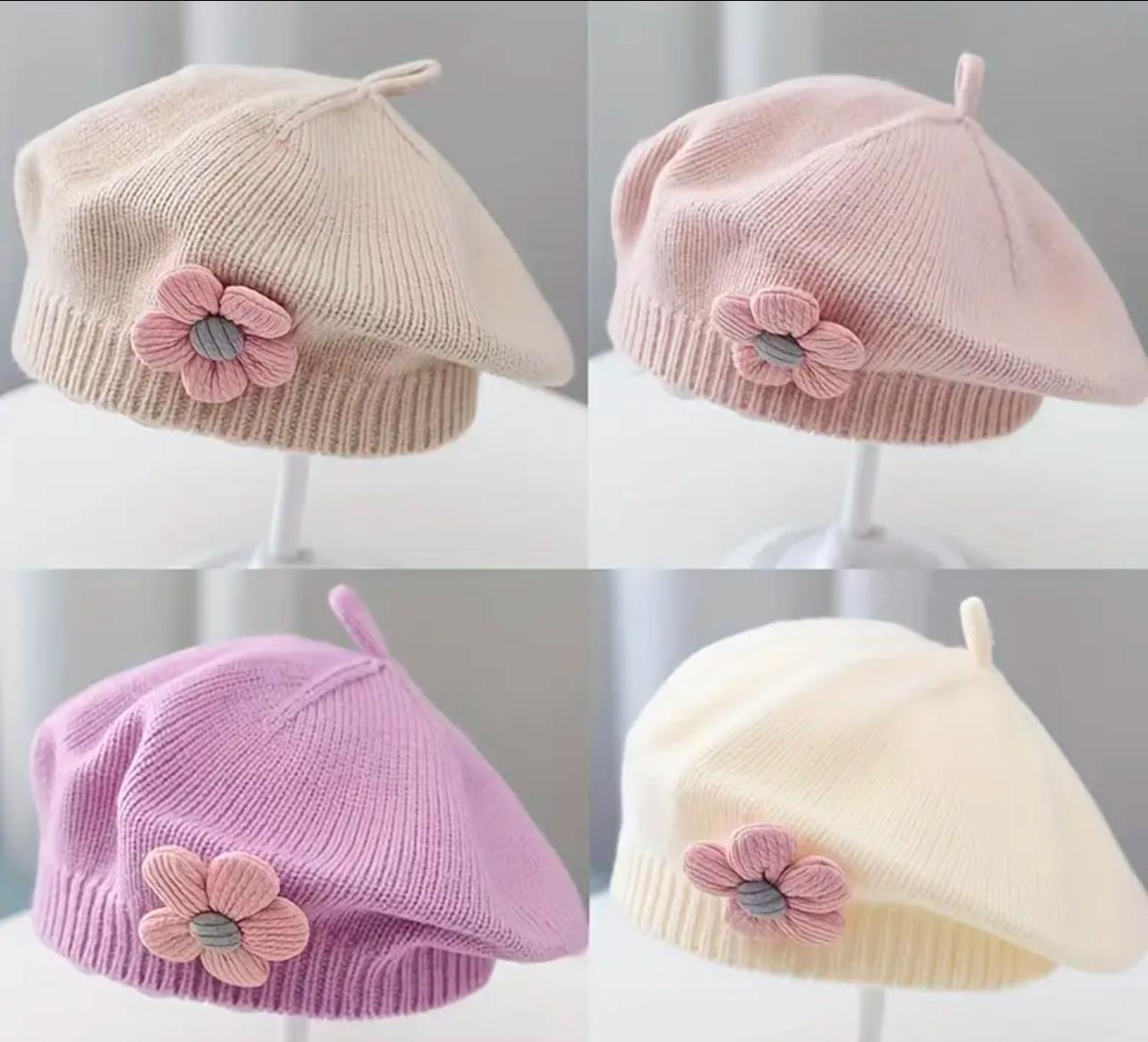 Purple Floral Knit Beret Hat