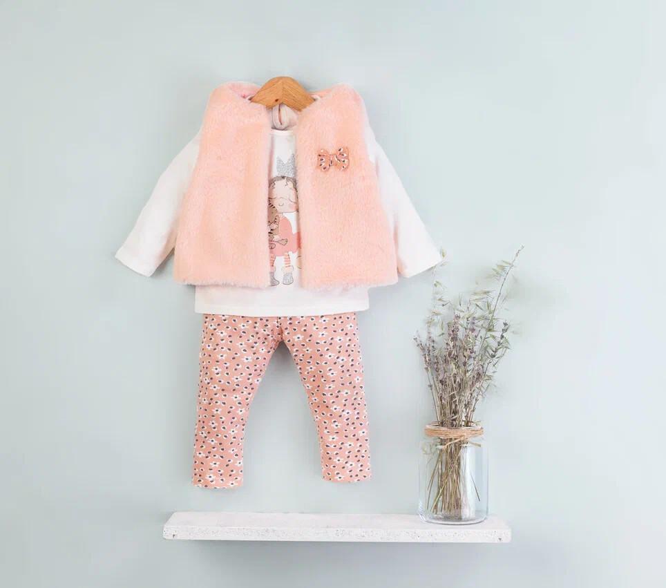 Baby Rose- 3 Piece Set- Beige Vest, Long Sleeve Tshirt, Leggings