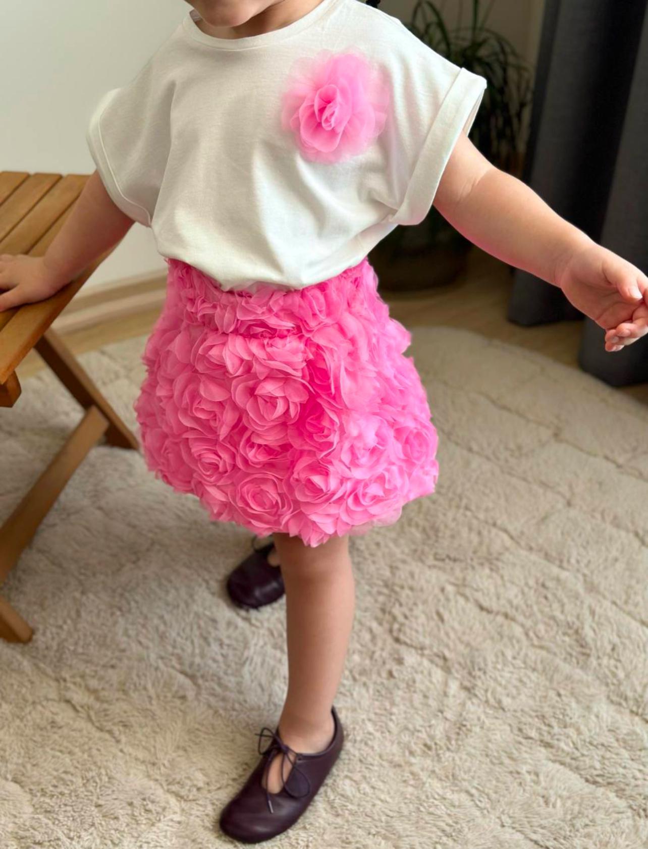 White Tshirt with Pink Flower and Pink Flower Skirt