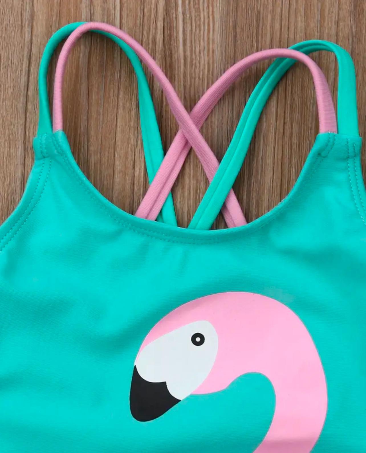 Turquoise Bathing Suit with Flamingo Print