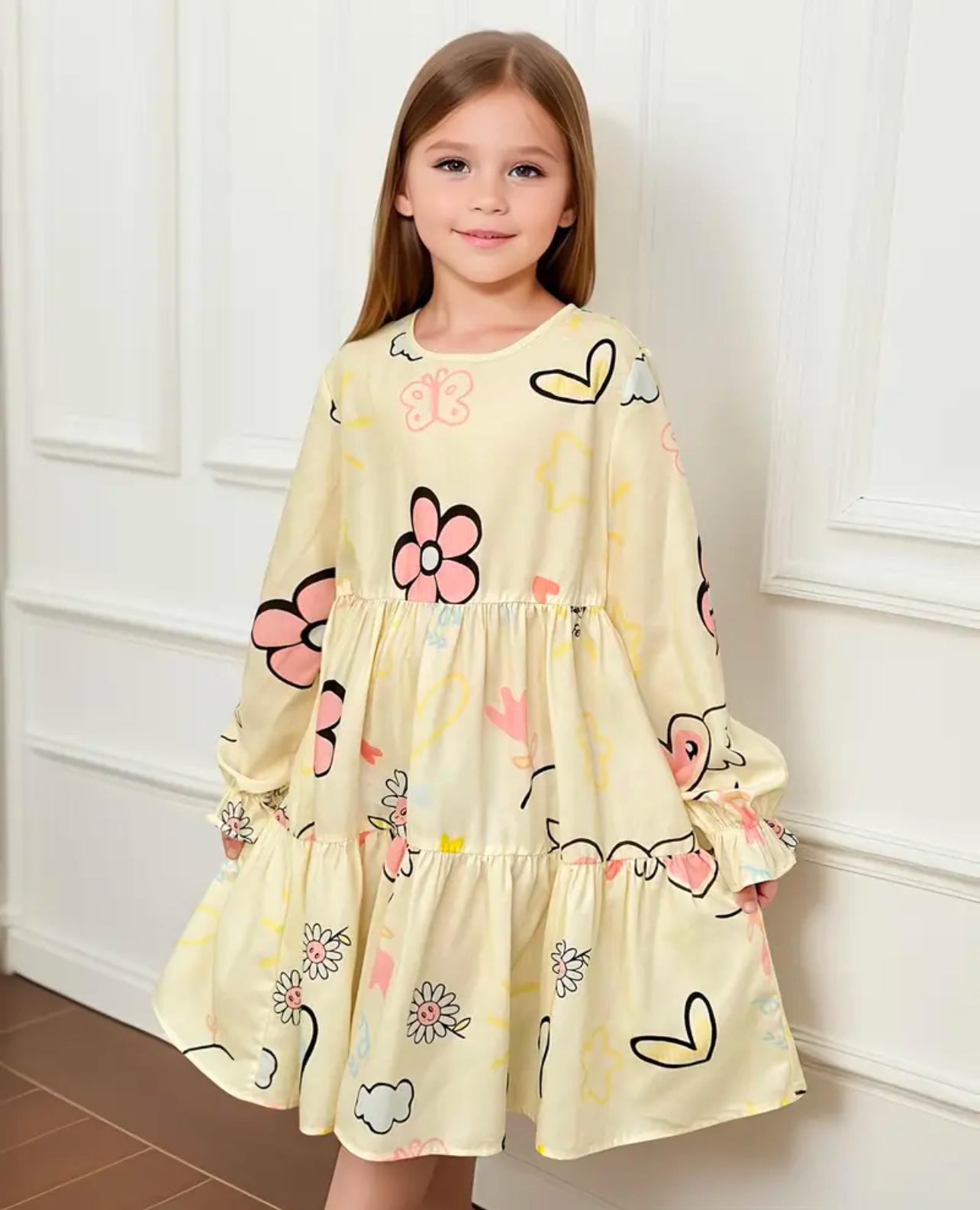 Girls Silky Long Sleeve Ruffle Hem Flower Dress