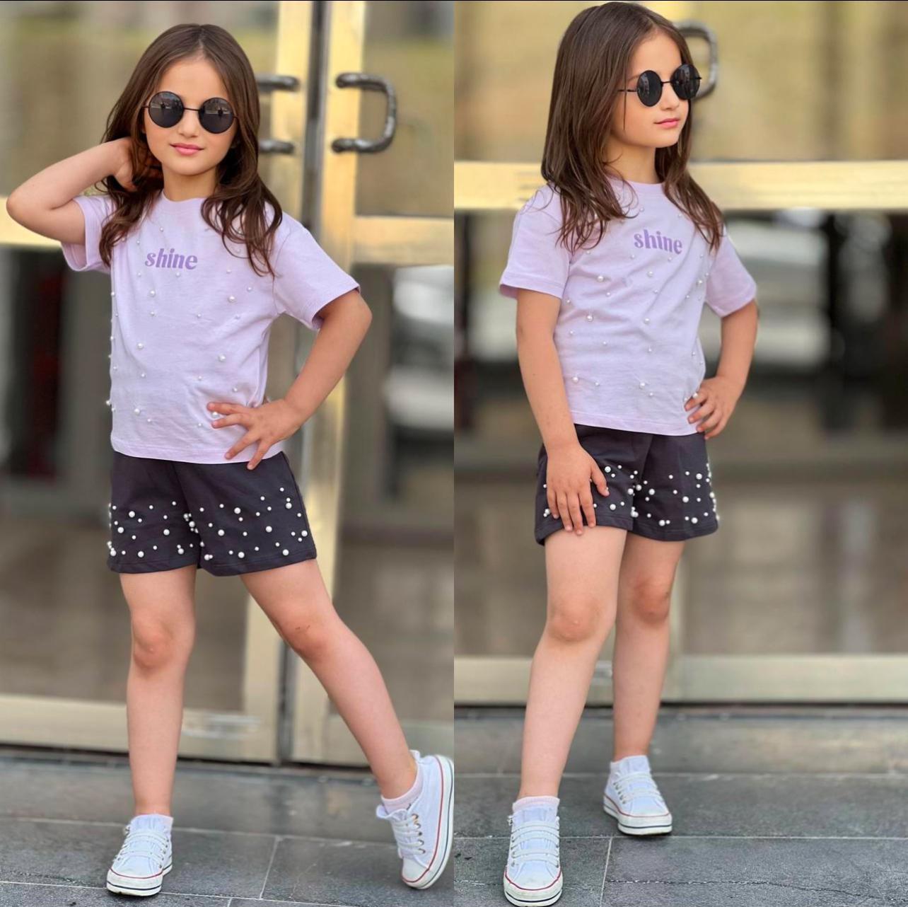 Girls Lilac Shine Tshirt with Pearls and Shorts Set