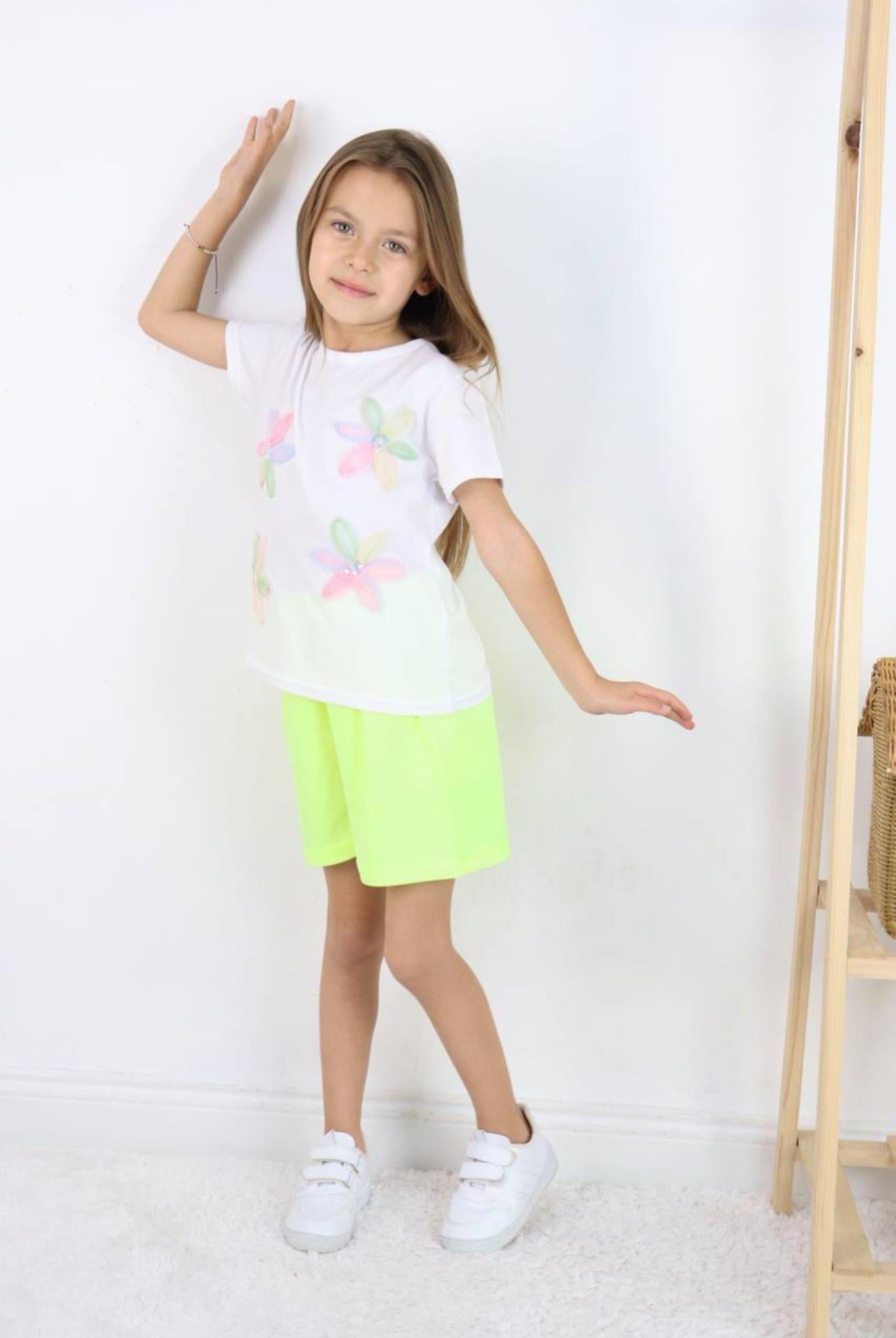 White 3D Flower Tshirt with Lime Shorts