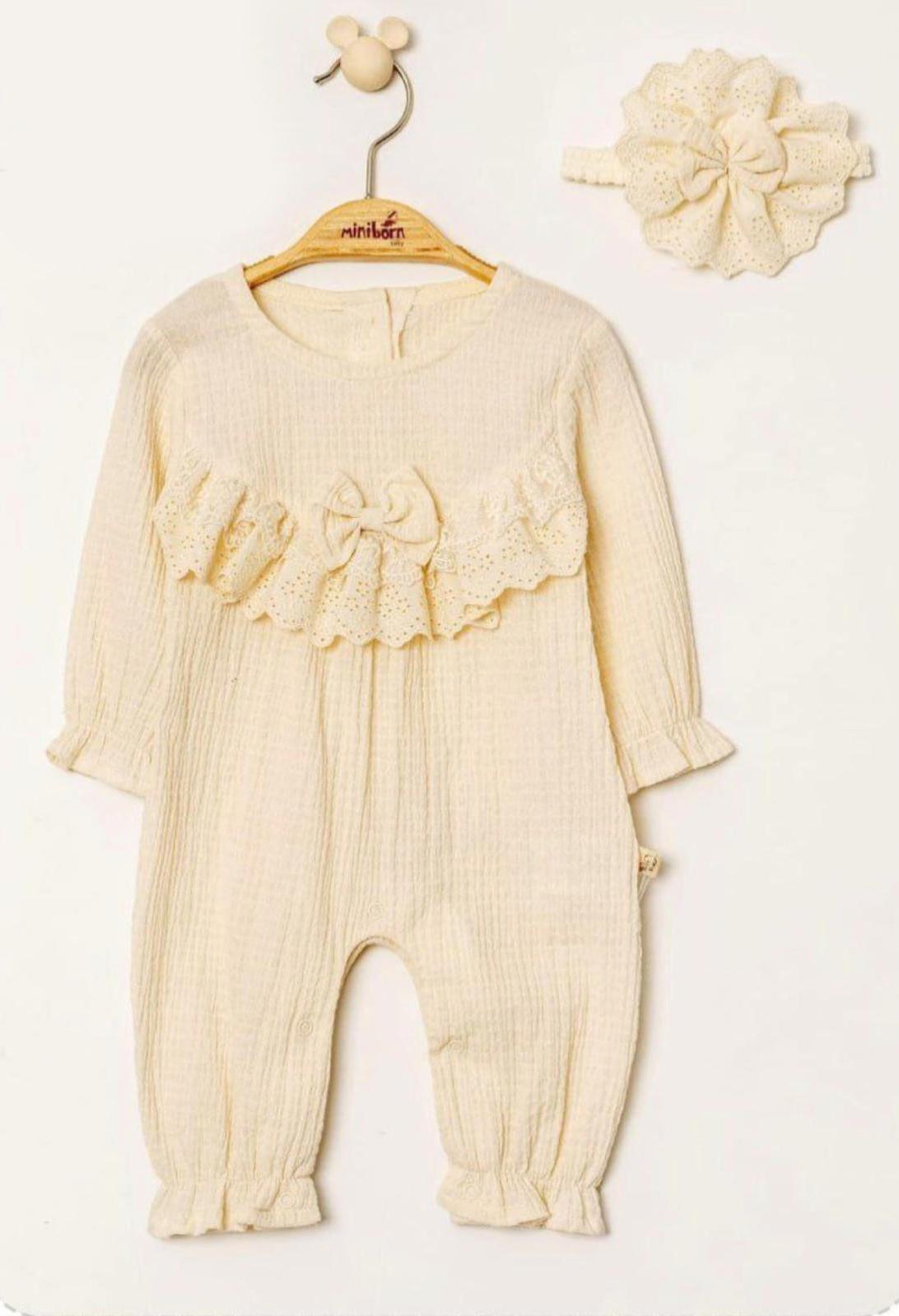 Baby Girls Beige Romper with Headband