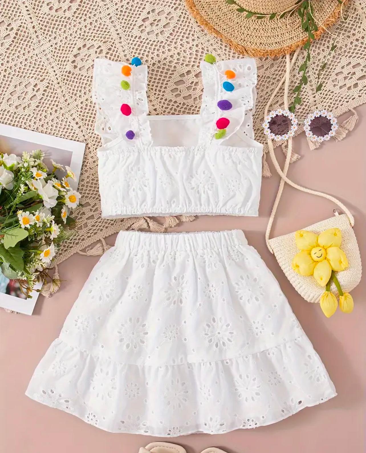Fun Two-Piece Skirt Set Pom Pom White Lace Outfit