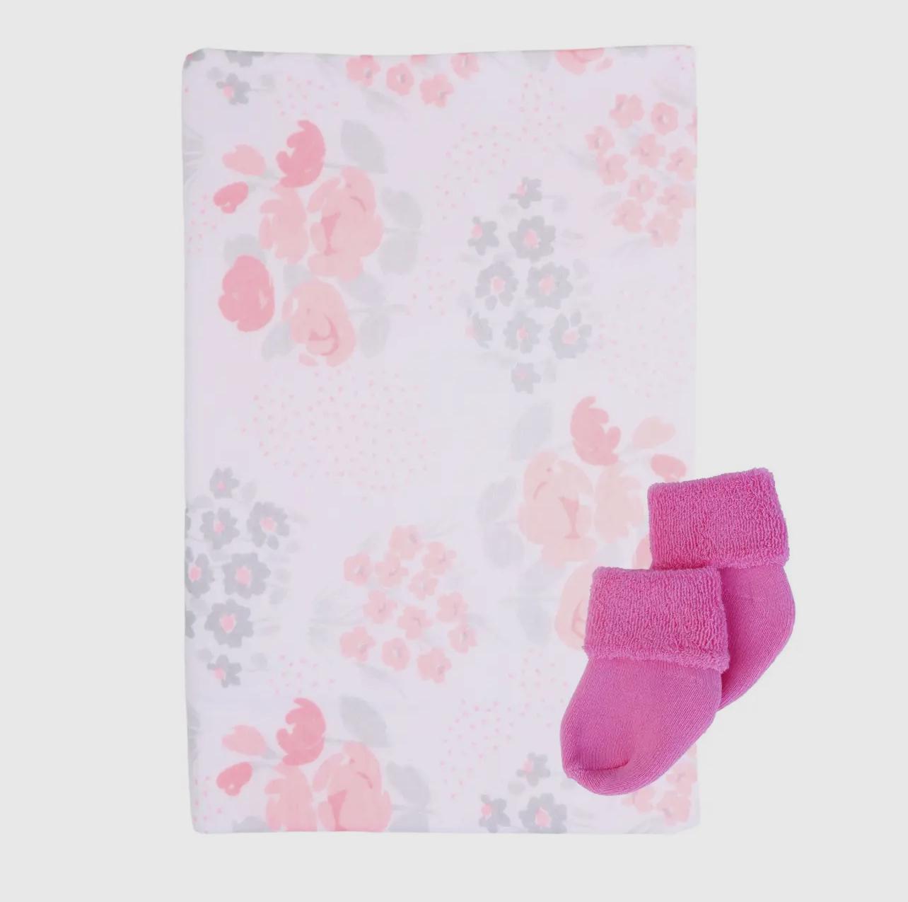 Baby Receiving Blanket & Sock Single Cupcake Gift - Floral