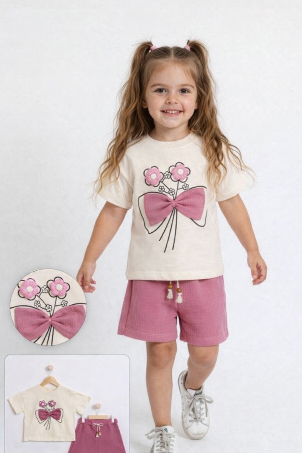 Girls My Bella Pink Shorts Set Tshirt with 3D flower and bow detail