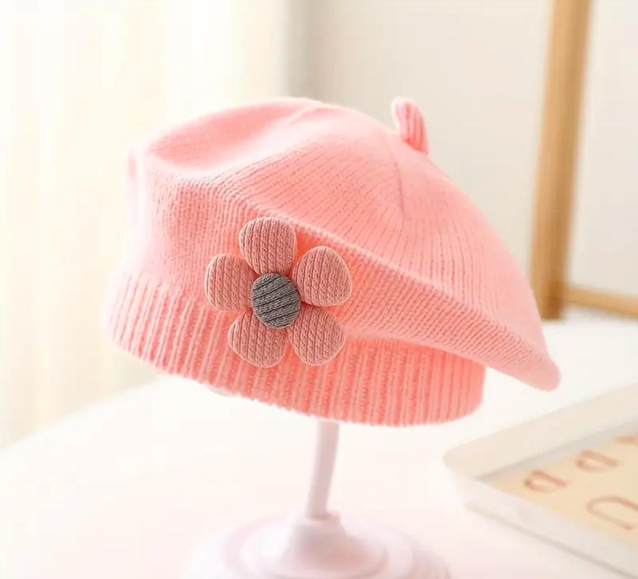 Pink Floral Knit Beret Hat