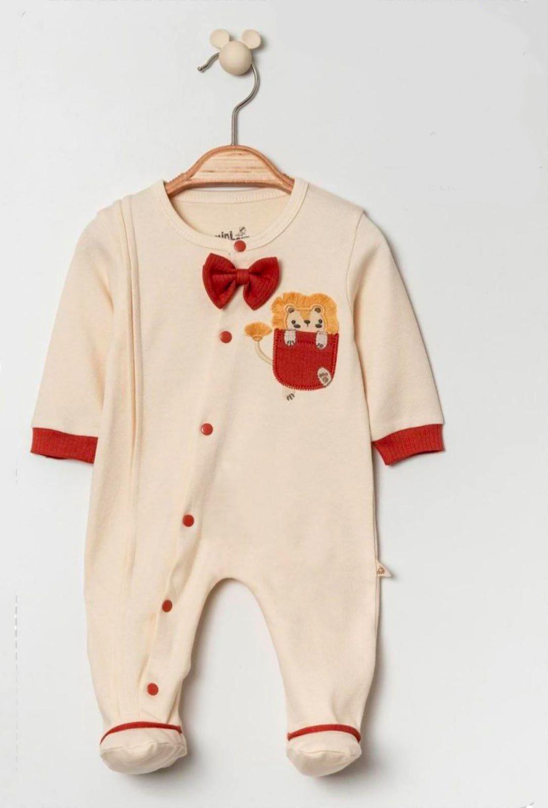 Baby Boy Beige Pocket Lion Romper with Bowtie