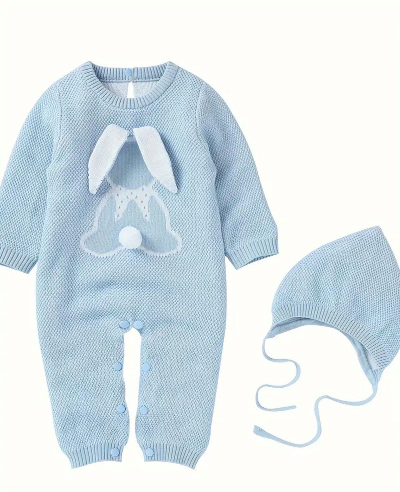 Light Blue Bunny Baby Knit Romper and Hat Set