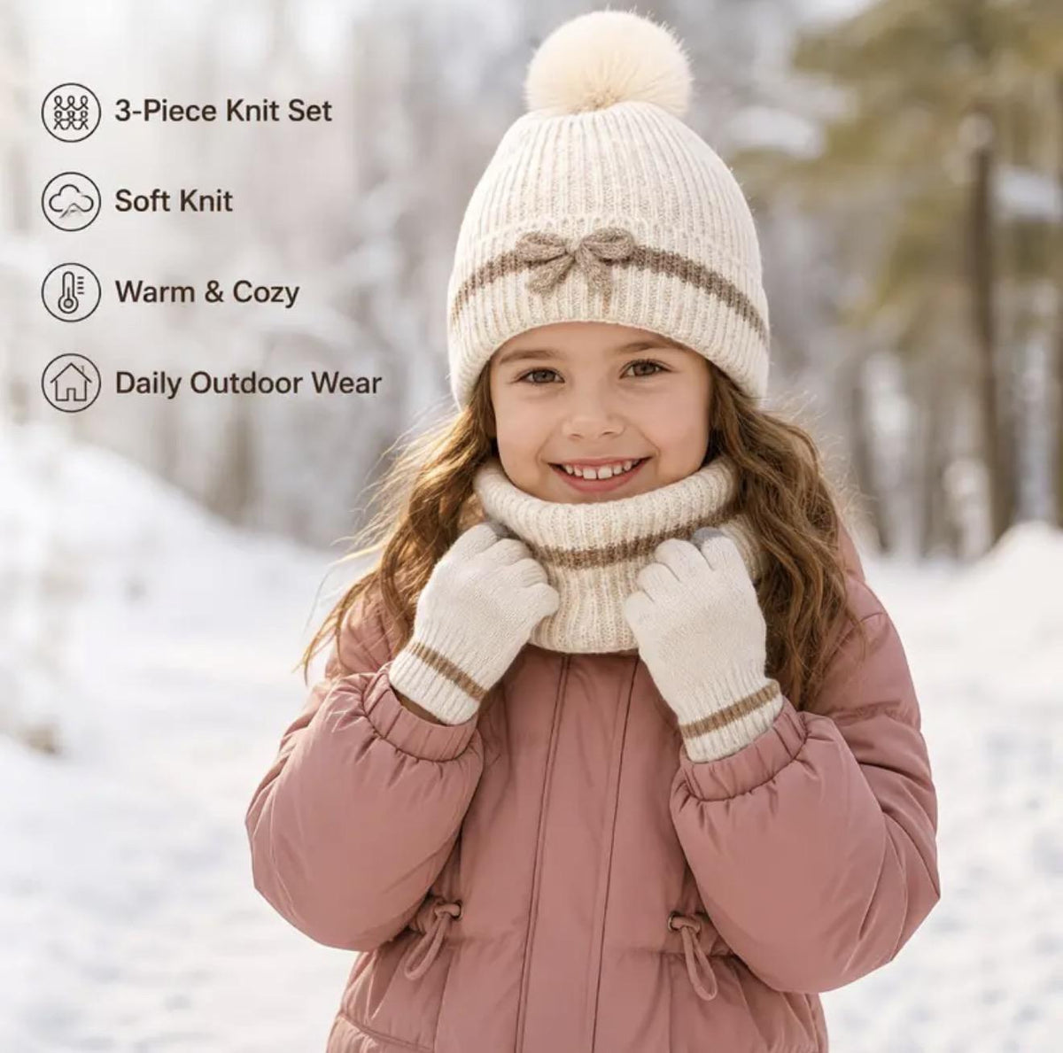 3 Piece Beige Pom Pom Knit Hat, Gloves and Scarf