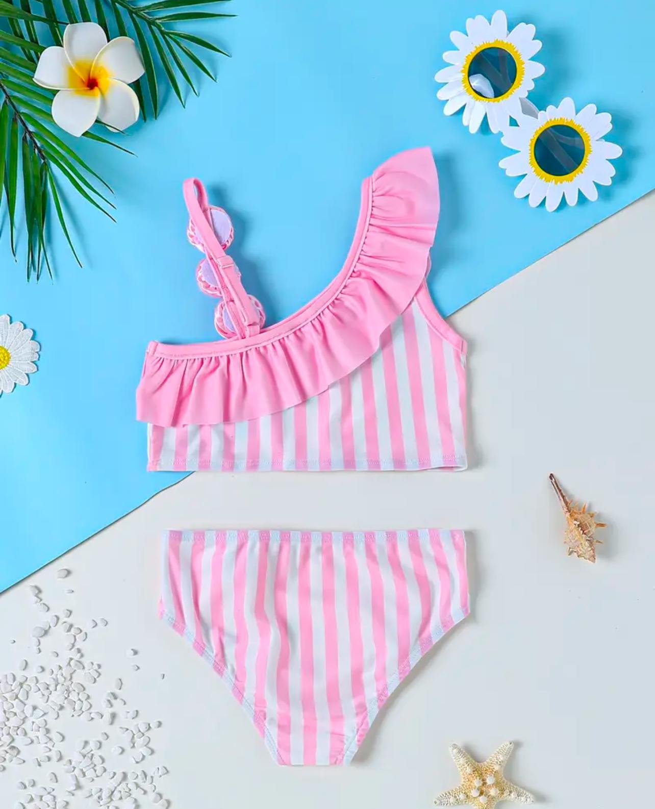 2 pcs Girls Striped Ruffle Swim