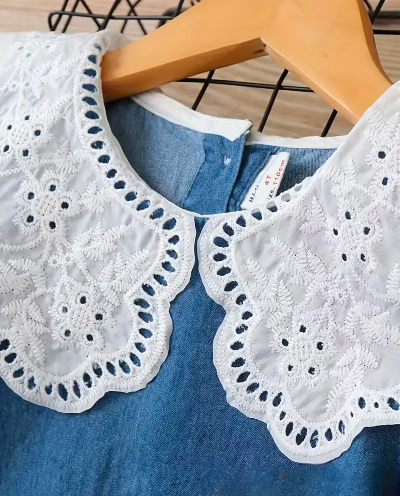 Denim Princess Dress with White Floral Collar