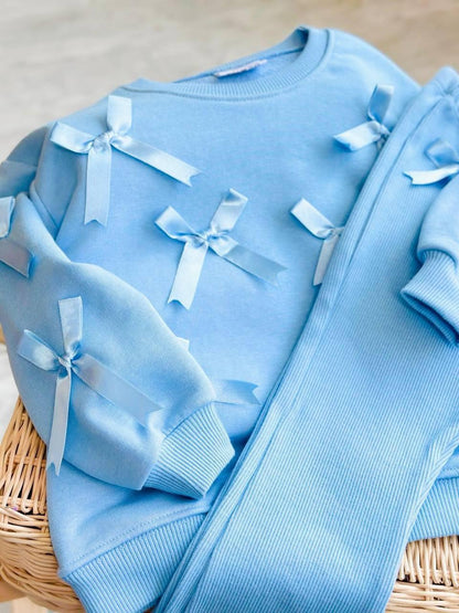 Girls Blue Bow Ribbon Tracksuit with leggings