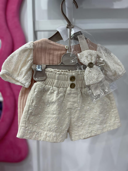 Baby Girl Beige Shorts with Muslin Top Fower Detail and Headband