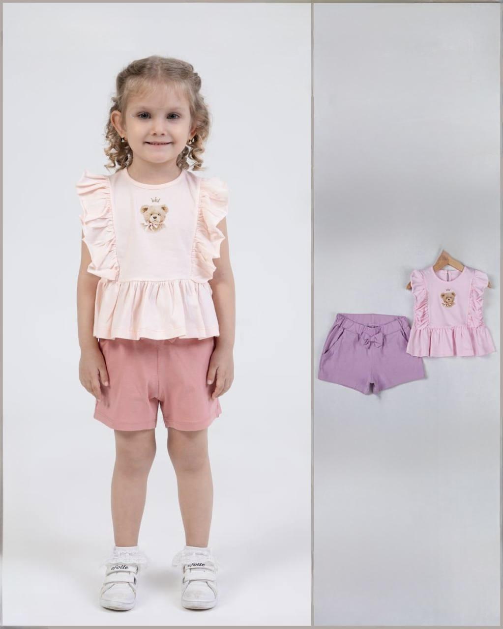 Baby girl muslin top with bear and shorts pink and lilac