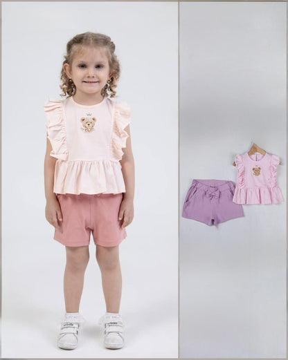 Baby girl muslin top with bear and shorts pink and lilac