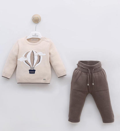 Beige Sweater Hot air balloon with brown knit pants Set