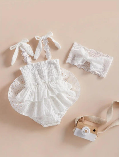 White Infant Baby Girls Romper Dress with Lace Bow