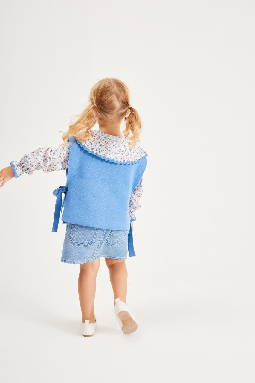 Flower Blue Blouse with Knit Vest and Skirt Set