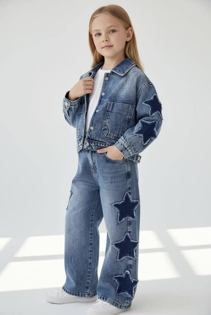 Girl Set Blue Jean Jacket and Jeans Stars with Long Sleeve White Top
