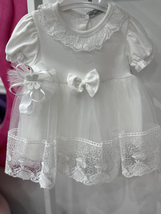 Baby White Lace Dress Short Sleeve with Headband